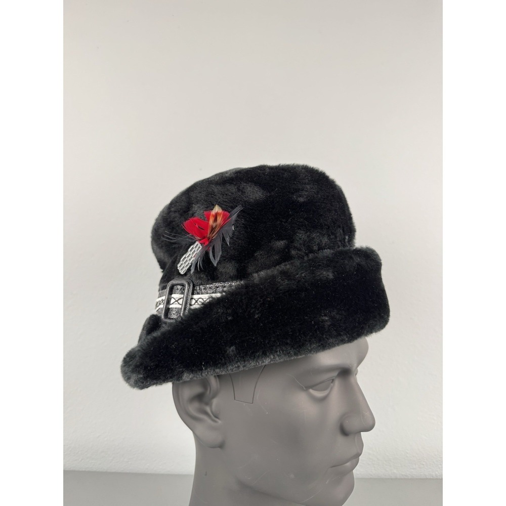 Vintage 60s Black Faux Fur Fedora Hat Small Feather‎ Tyrolean Trapper German Cap